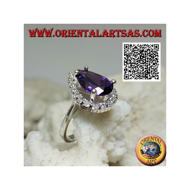 Bague en argent avec améthyste goutte facettée synthétique sertie de zircons blancs