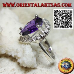 Silver ring with synthetic faceted drop amethyst set surrounded by white zircons