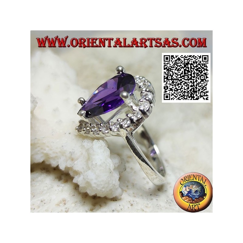 Bague en argent avec améthyste goutte facettée synthétique sertie de zircons blancs