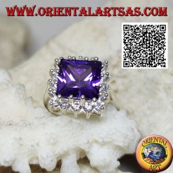 Silver ring with faceted square synthetic amethyst set surrounded by white zircons