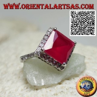 Silver ring with square rhomboid faceted synthetic ruby surrounded by white zircons