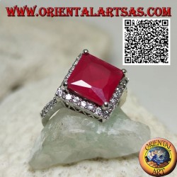 Silver ring with square rhomboid faceted synthetic ruby surrounded by white zircons