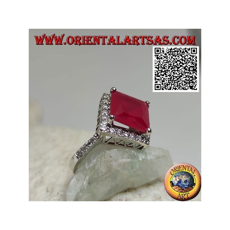 Silver ring with square rhomboid faceted synthetic ruby surrounded by white zircons