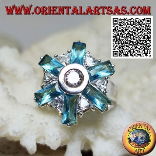 Anello in argento fiore a sei petali di topazio azzurro e zirconi bianchi centrali e alternati