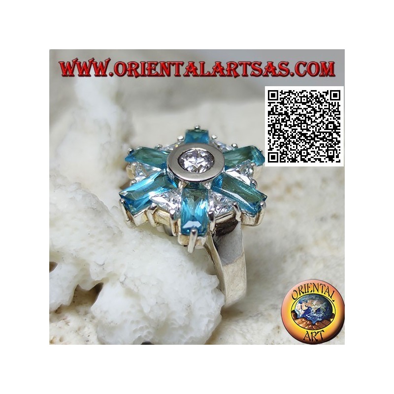 Anello in argento fiore a sei petali di topazio azzurro e zirconi bianchi centrali e alternati