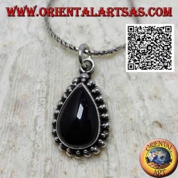 Silver pendant with cabochon drop onyx surrounded by a double row of balls