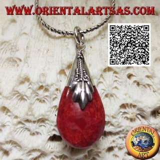Ciondolo in argento a goccia tridimensionale di madrepora di corallo (rossa) e gancio decorato