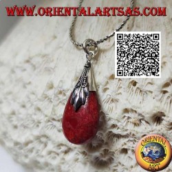 Pendentif en argent avec goutte tridimensionnelle de corail corail (rouge) et crochet décoré