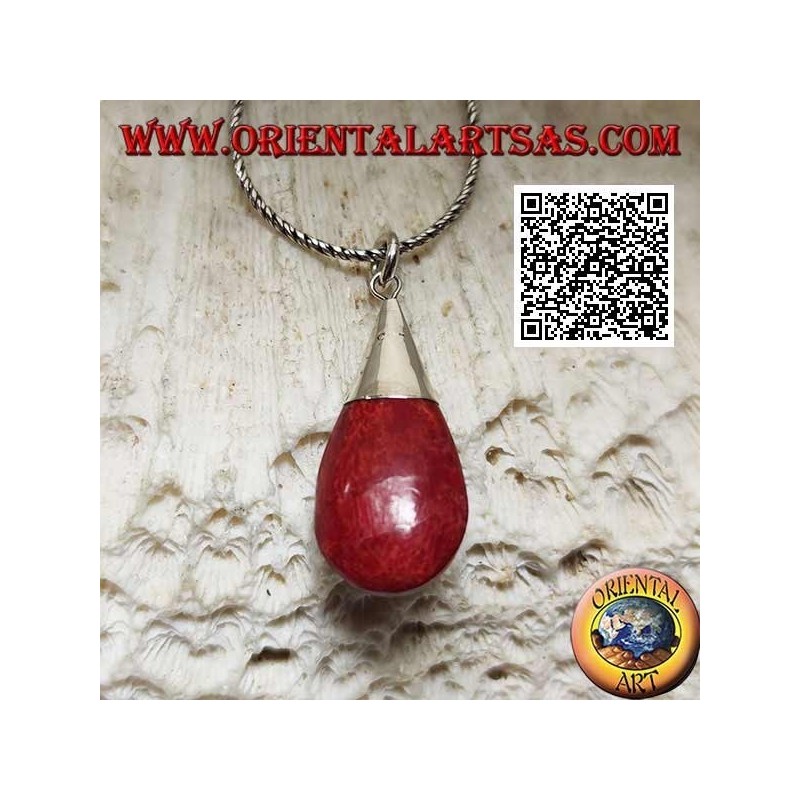 Colgante de plata con gota tridimensional de coral coral (rojo) y gancho decorado
