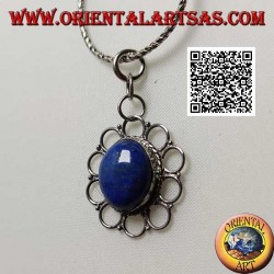 Silver pendant with natural oval lapis lazuli surrounded by perforated circles