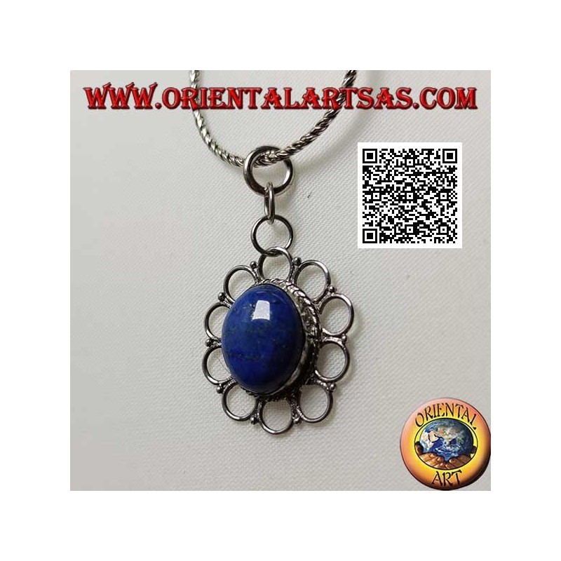 Silver pendant with natural oval lapis lazuli surrounded by perforated circles