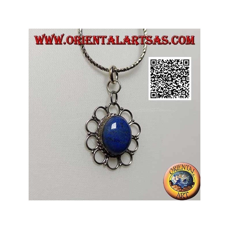 Silver pendant with natural oval lapis lazuli surrounded by perforated circles