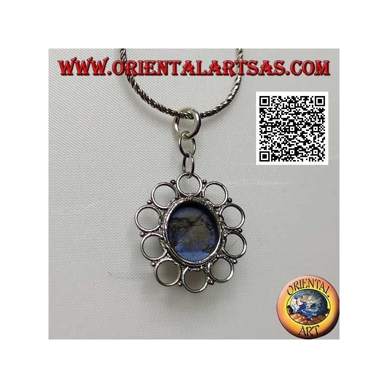 Silver pendant with natural oval lapis lazuli surrounded by perforated circles