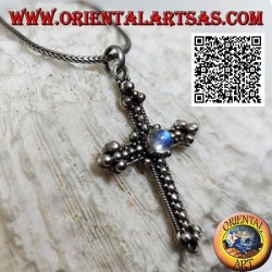 Orthodox cross silver pendant decorated with balls with central round blue fluorescence labradorite
