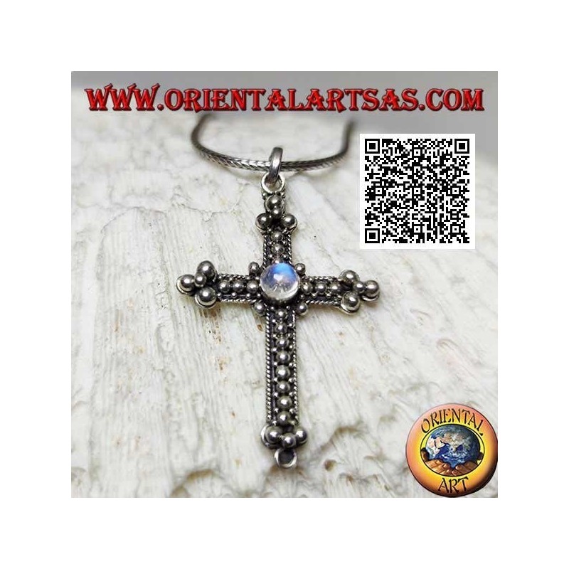 Orthodox cross silver pendant decorated with balls with central round blue fluorescence labradorite