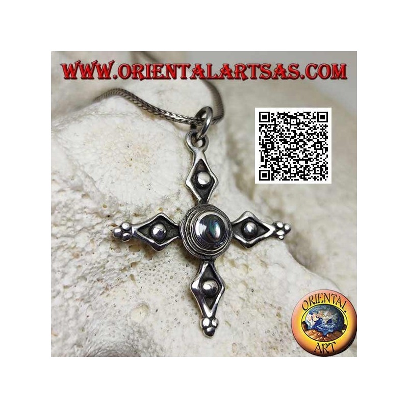 Colgante de plata antigua cruz de la Cerdanya con concha de paua central (abulón)