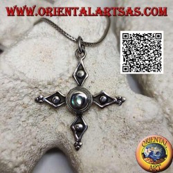 Ancien pendentif croix de Cerdagne en argent avec coquillage central paua (ormeau)