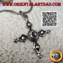 Ancien pendentif croix de Cerdagne en argent avec coquillage central paua (ormeau)