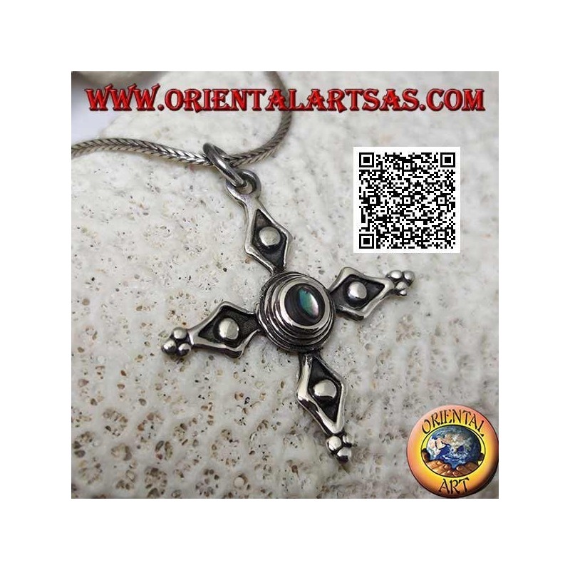 Antique Cerdanya cross silver pendant with central paua shell (abalone)