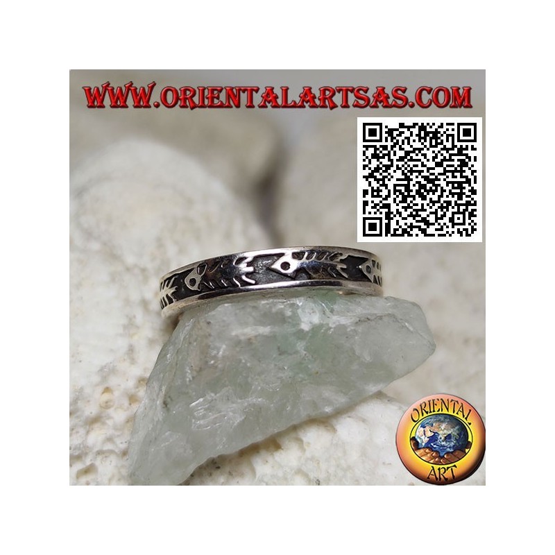 Silver ring with fish bones in bas-relief