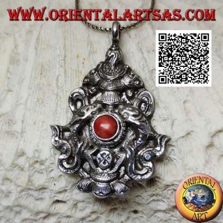 Ciondolo in argento Aṣṭamaṃgala "gli otto simboli del buon auspicio" con corallo (grande)