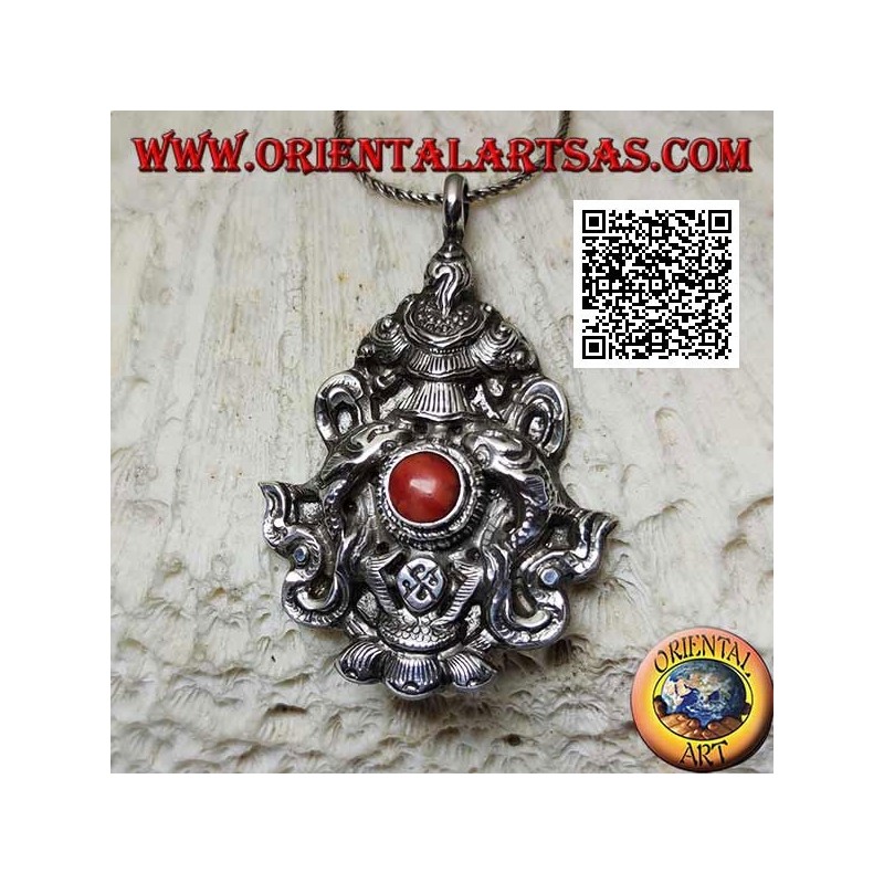 Aṣṭamaṃgala silver pendant "the eight auspicious symbols" with coral (large)
