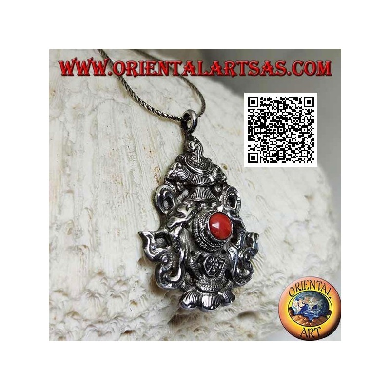 Aṣṭamaṃgala Silberanhänger "die acht glückverheißenden Symbole" mit Koralle (groß)