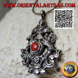 Pendentif Aṣṭamaṃgala en argent "Les huit symboles de bon augure" avec corail (grand)