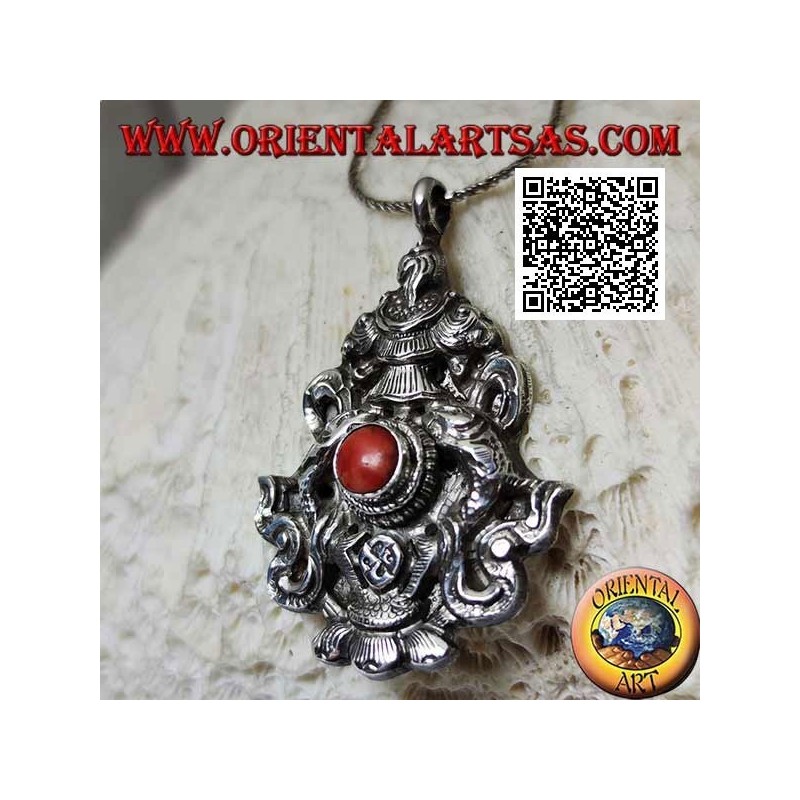 Colgante de plata Aṣṭamaṃgala "los ocho símbolos auspiciosos" con coral (grande)