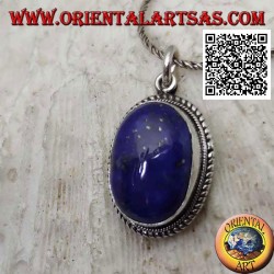 Silver pendant with natural oval lapis lazuli surrounded by weaving
