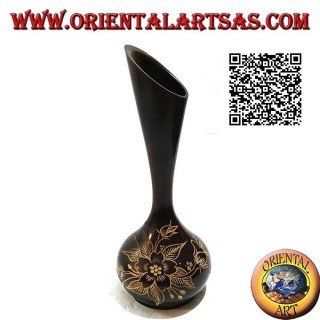 Florero alto en ampolla con decoración floral grabada a mano en madera de caoba 30 cm
