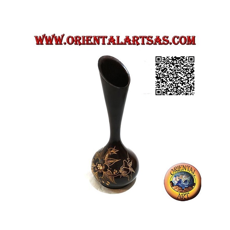 Vase à fleur haute ampoule à décor floral gravé à la main en bois d'acajou 30 cm