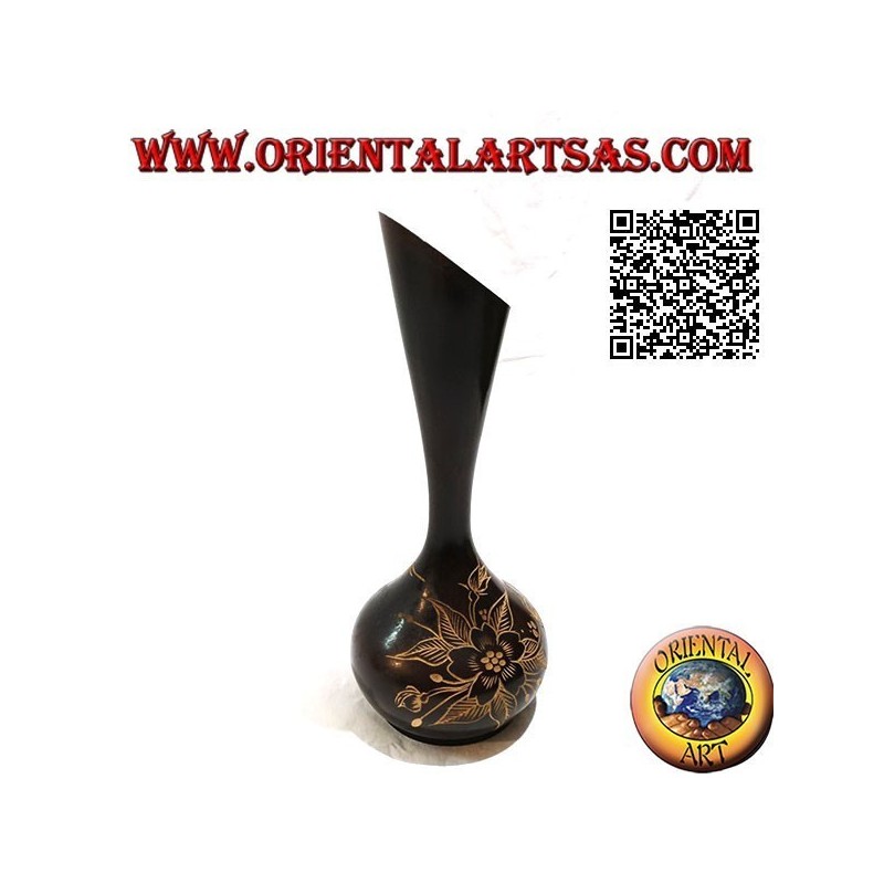 Vase à fleur haute ampoule à décor floral gravé à la main en bois d'acajou 30 cm