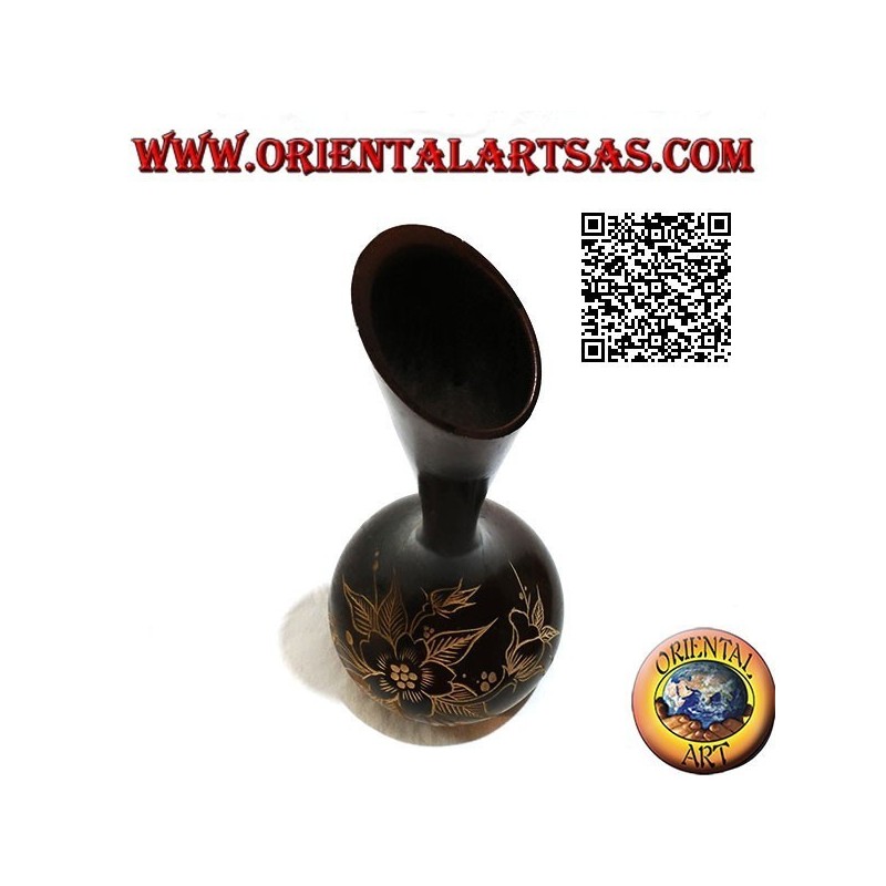Vaso portafiori ad ampolla alta con decoro floreale inciso a mano in legno di mogano da 30 cm