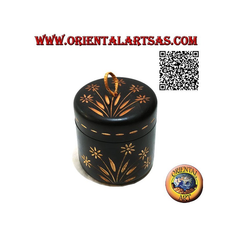 Cylindrical jar box with hand-carved floral decorations in mahogany wood