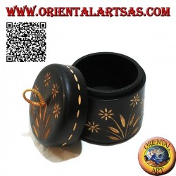 Cylindrical jar box with hand-carved floral decorations in mahogany wood