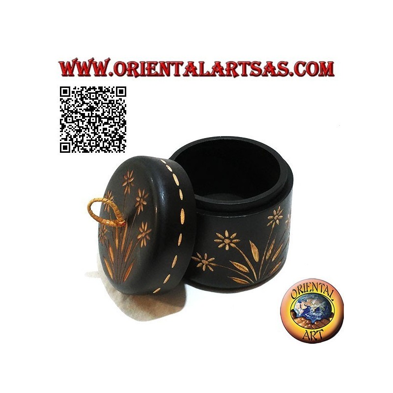 Caja para jarra cilíndrica con adornos florales tallados a mano en madera de caoba
