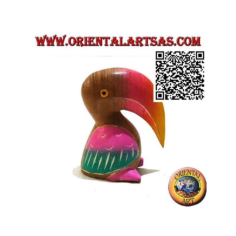 Skulptur eines von Hand bemalten Tocotukans aus 11 cm Teakholz