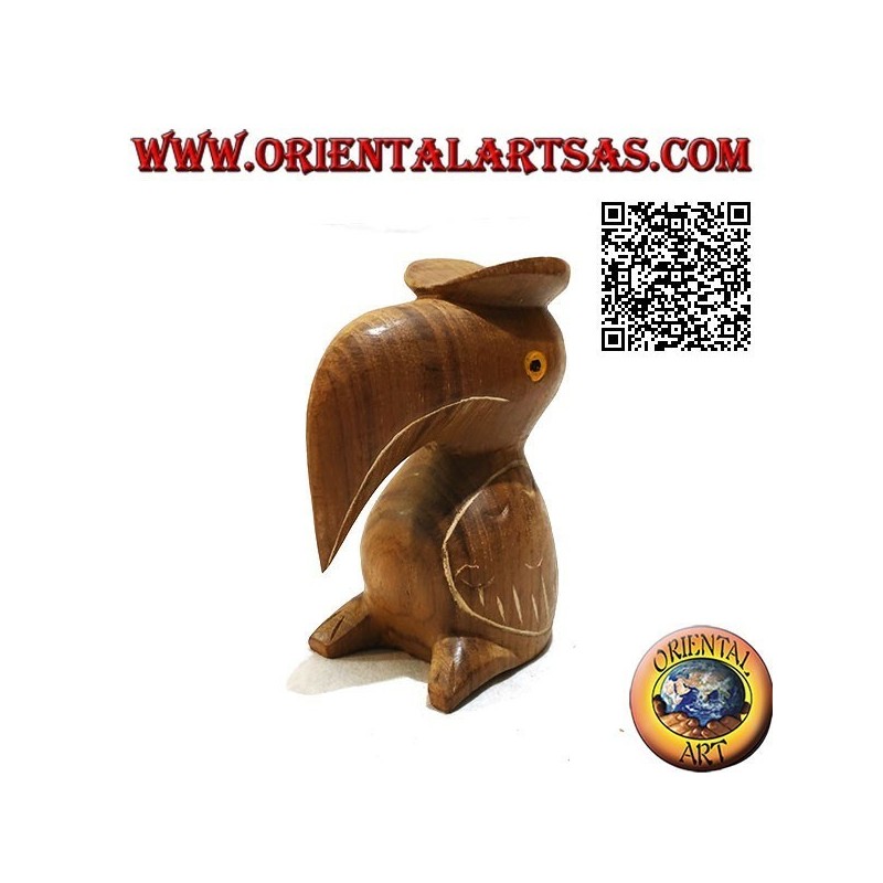 Scultura di un tucano toco con cappello "laureato" dipinto a mano, in legno di teak da 12 cm
