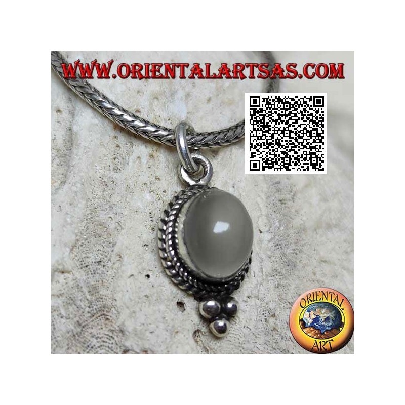 Silver pendant with oval moonstone surrounded by weaving and three balls below