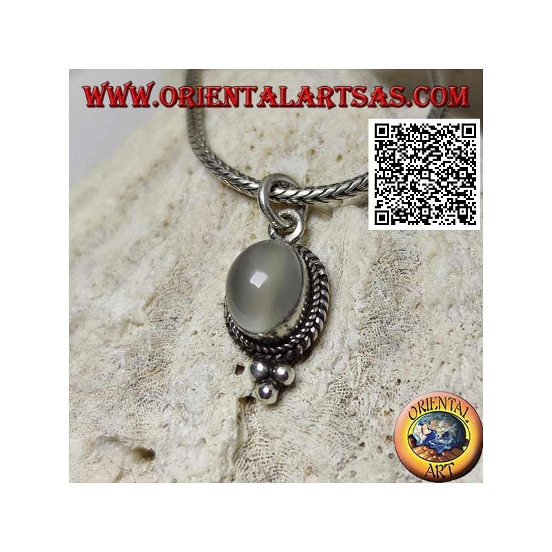 Silver pendant with oval moonstone surrounded by weaving and three balls below