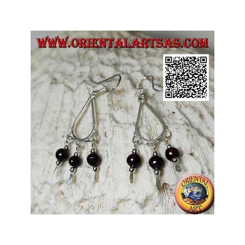 Pendants d'oreilles en argent avec 3 boules de grenat pendantes