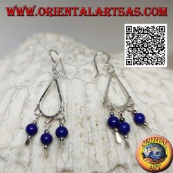 Drop earrings in silver with 3 hanging lapis lazuli spheres