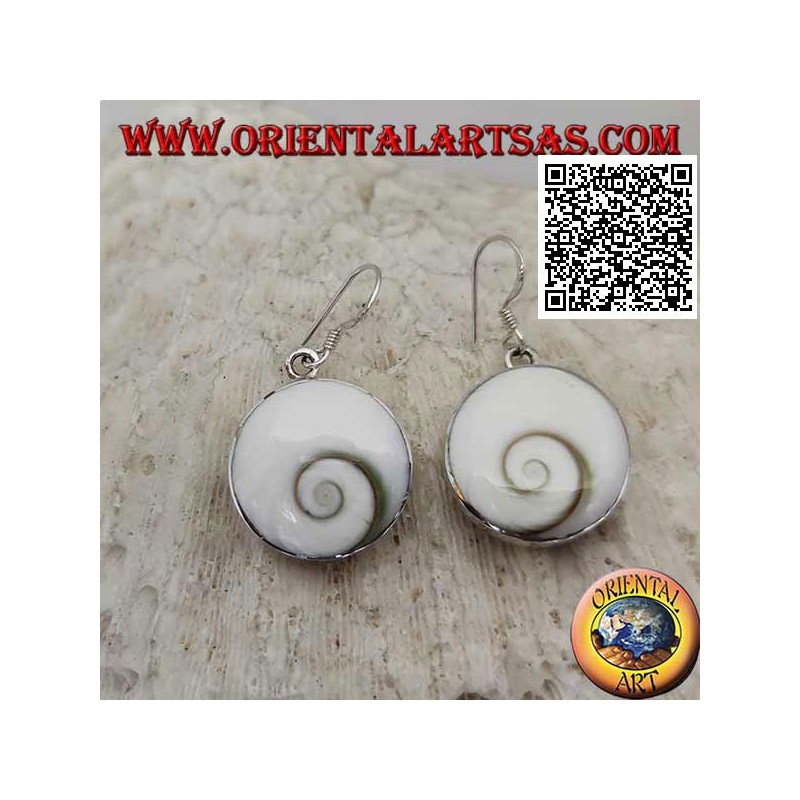 Boucles d'oreilles pendantes en argent avec coquillage rond "oeil de Sainte Lucie" sur monture lisse