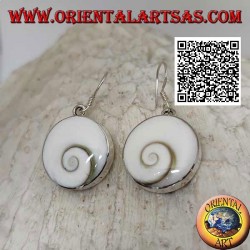 Silver pendant earrings with round "eye of Saint Lucia" shell on smooth setting