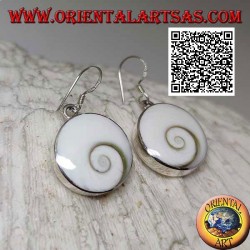 Silver pendant earrings with round "eye of Saint Lucia" shell on smooth setting