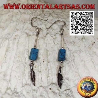 Silver pendant earrings with parallelepiped of turquoise and feather