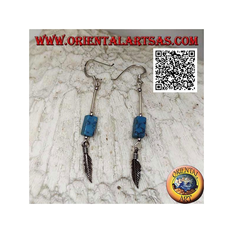 Silver pendant earrings with parallelepiped of turquoise and feather