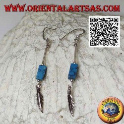 Boucles d'oreilles pendantes en argent avec parallélépipède de turquoise et plume