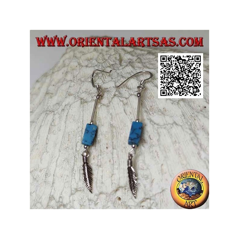 Pendientes colgantes de plata con paralelepípedo de turquesa y pluma